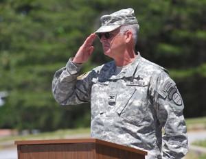 Retiring 1st Brigade Commander Col. Bryant, who received multiple commendations during the change of command ceremony, concludes his remarks with a salute to the Soldiers of the 1st Brigade. Georgia State Defense Force photo by Pfc. Alexander Davidson