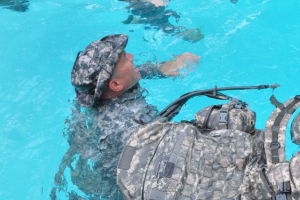 GSDF soldiers practice the “hanging float” as part of water survival training.  This technique can be used while waiting for help to arrive and as a resting position when swimming to safety.